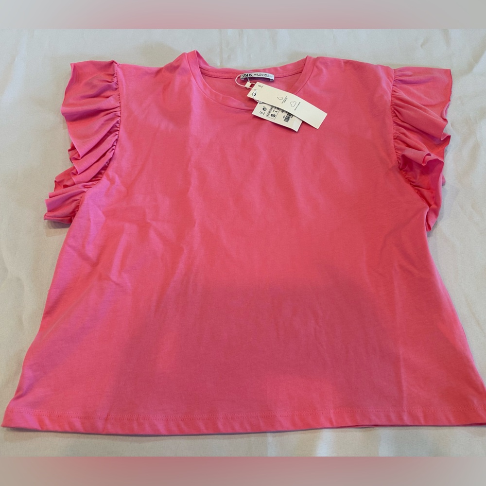 NWT Zara Pink Flutter Sleeve Ruffled Blouse Size Small